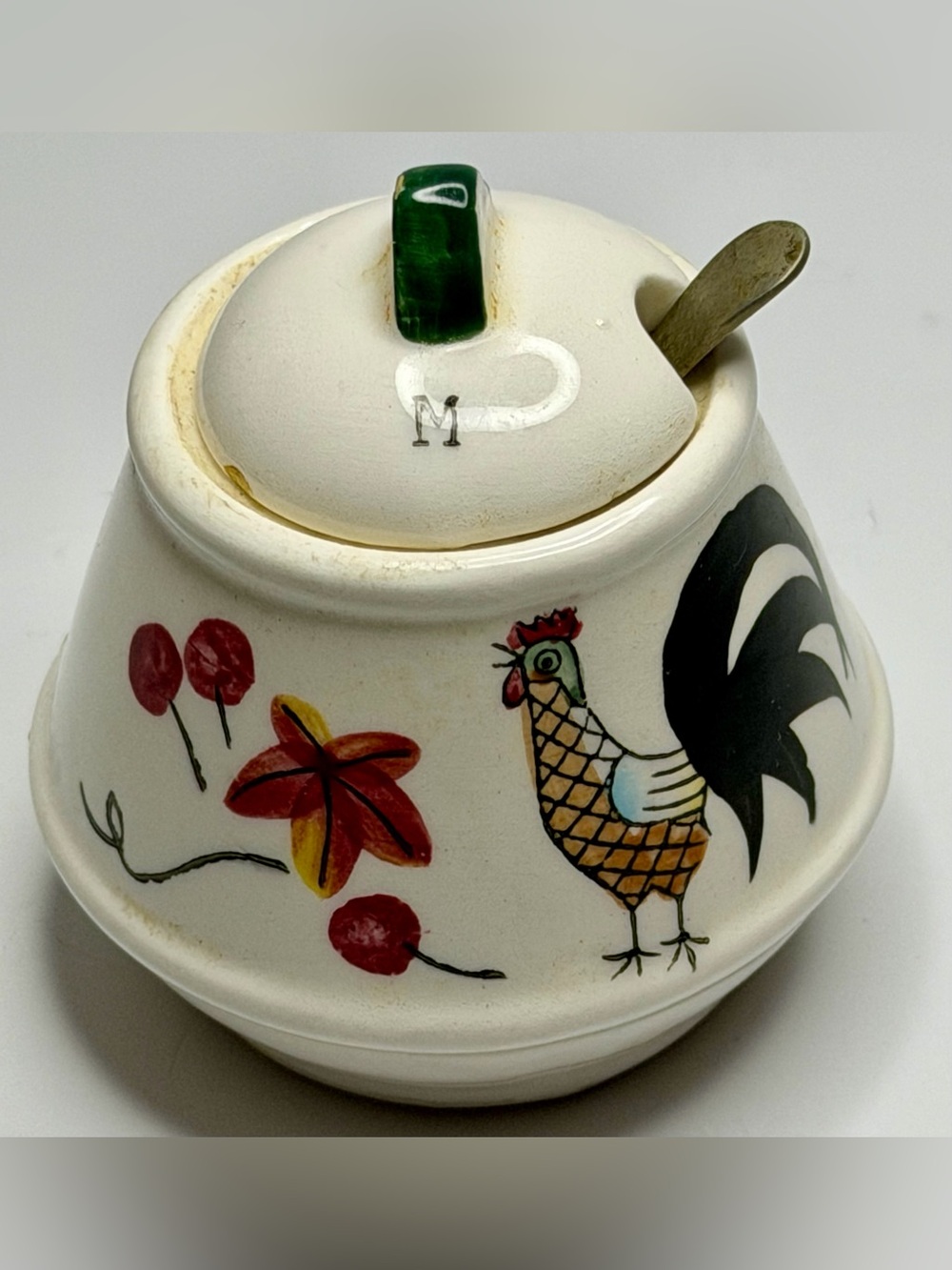 Vintage Ceramic Sugar Jar with Rooster Motif - White & Green Accent